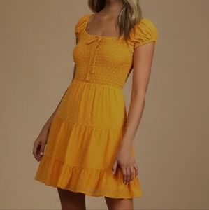 Lulus Feeling Cheerful Marigold Swiss Dot Smocked Mini Dress